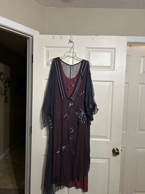 Women's Plum Floral Overlay Dress with Sheer Navy Sleeves